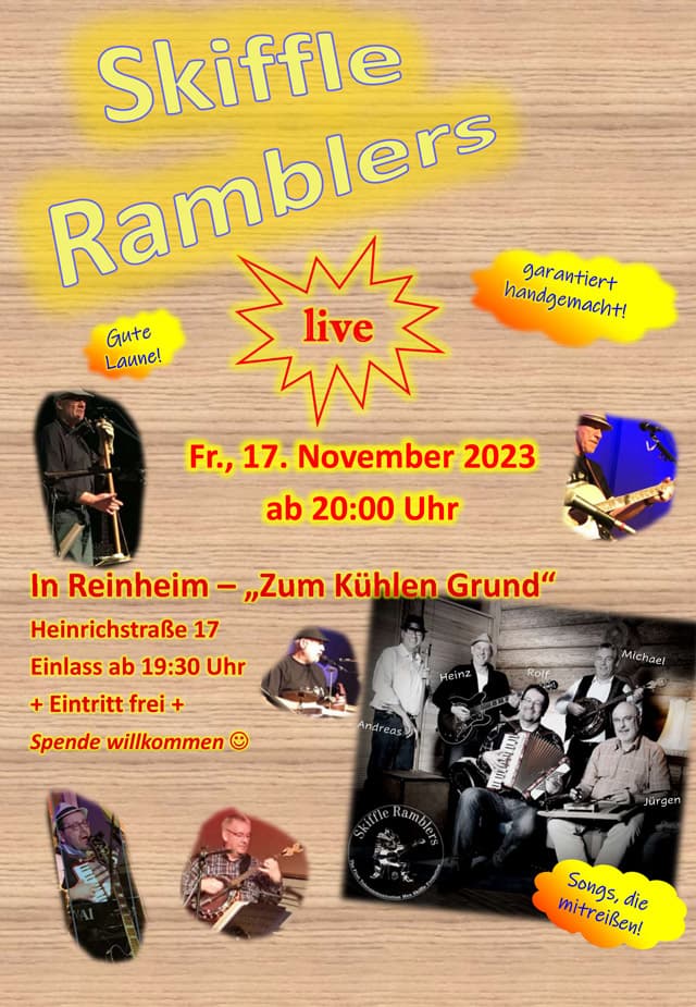 Skiffle Ramblers live: Freitag, 17. November 2023 ab 20:00 Uhr. Zum Kühlen Grund, Heinrichstraße 17 in Reinheim. Einlass ab 19:30 Uhr. Eintritt frei. Spende willkommen.