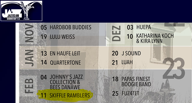 Terminplan des Jazzclub Darmstadt e.v. - die Skiffle Ramblers spielen am 11. Februar 2023